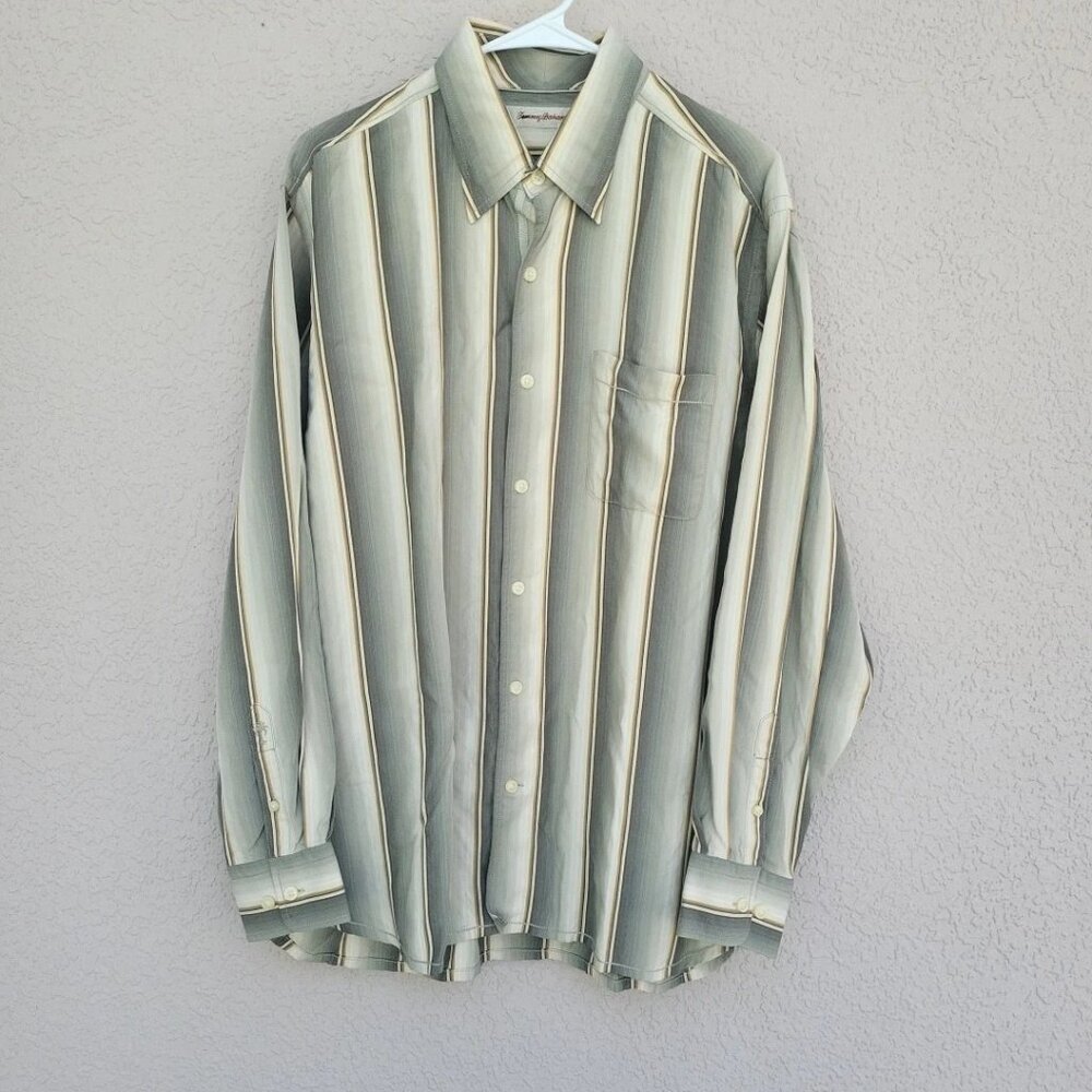 Tommy Bahama Men's Delante Gray/Green Striped Silk Button Up Long Sleeve Sz L